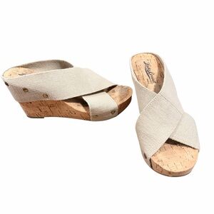 Lucky Brand Miller 2 Cork Wedge Sandals Beige Linen Size 5.5